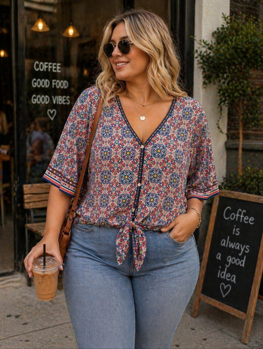 Max Studios Boho Print Tie-Front Blouse | Flowy V-Neck Top-Size 3